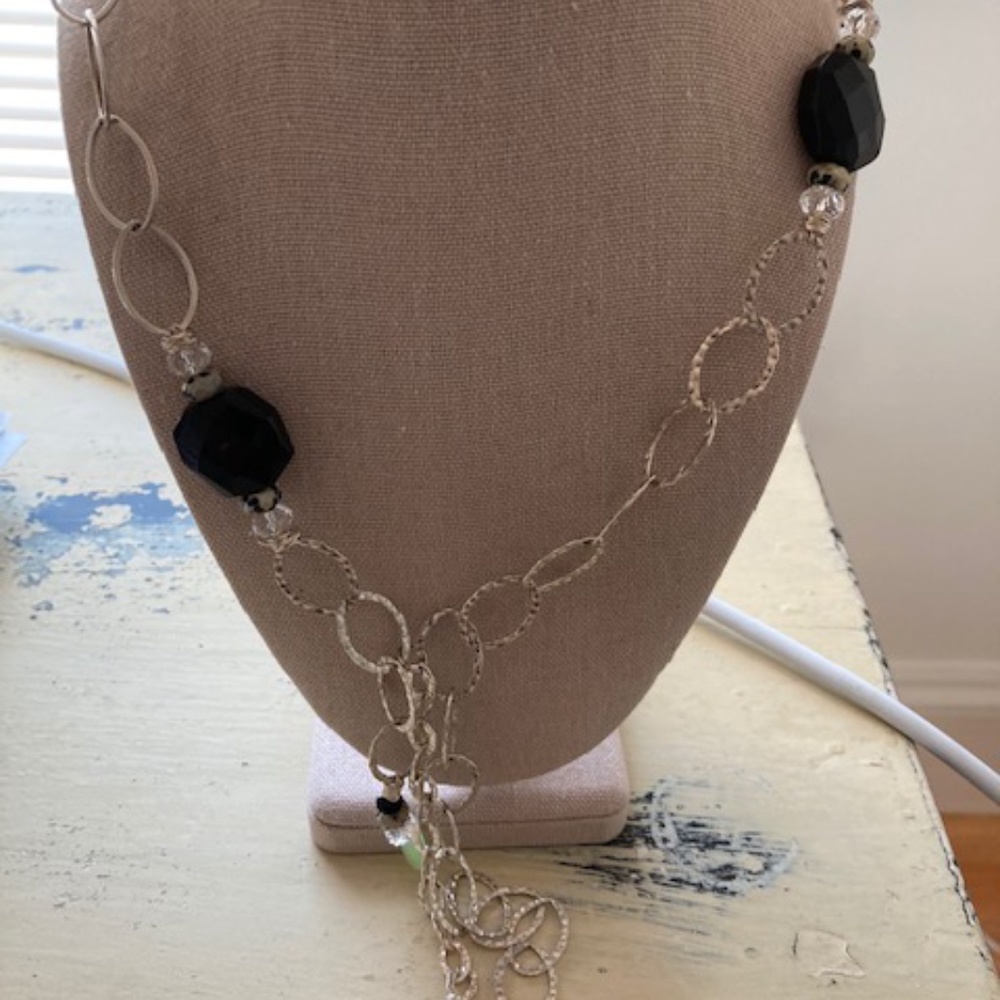 Long Silver Link Necklace with Gemstones